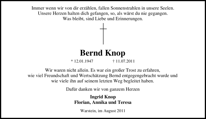  Traueranzeige für Bernd Knop vom 06.08.2011 aus WESTFÄLISCHER ANZEIGER