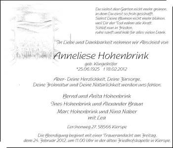 Traueranzeige von Anneliese Hohenbrink von WESTFÄLISCHER ANZEIGER