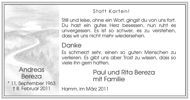  Traueranzeige für Andreas Bereza vom 26.03.2011 aus WESTFÄLISCHER ANZEIGER