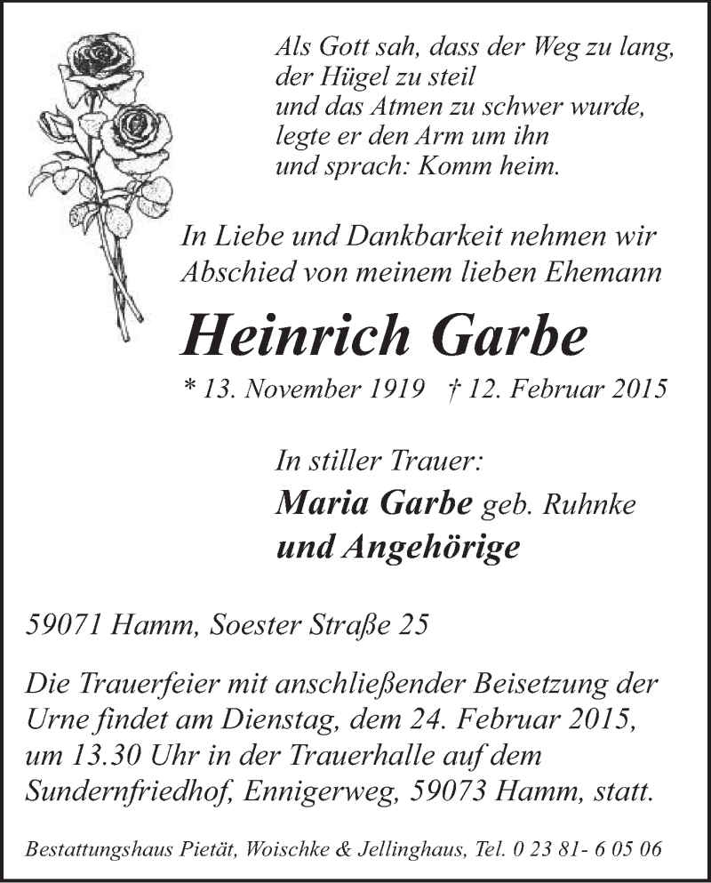  Traueranzeige für Heinrich Garbe vom 17.02.2015 aus MZV