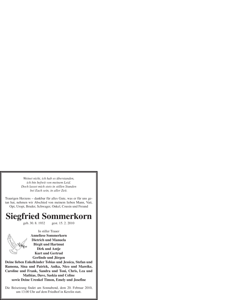  Traueranzeige für Siegfried Sommerkorn vom 18.02.2010 aus WESTFÄLISCHER ANZEIGER