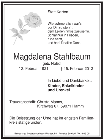 Traueranzeige von Magdalena Stahlbaum von WESTFÄLISCHER ANZEIGER