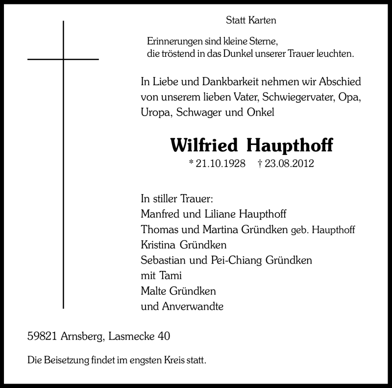  Traueranzeige für Wilfried Haupthoff vom 24.08.2012 aus WESTFÄLISCHER ANZEIGER