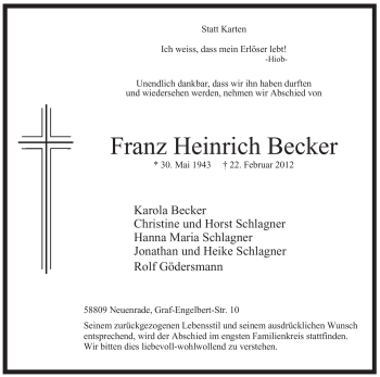 Traueranzeige von Franz Heinrich Becker von WESTFÄLISCHER ANZEIGER