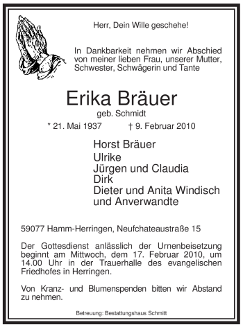 Traueranzeige von Erika Bräuer von WESTFÄLISCHER ANZEIGER