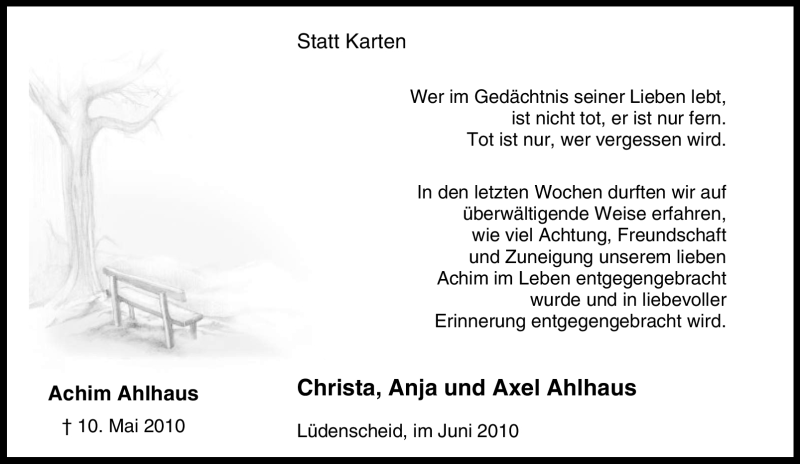 Traueranzeige für Achim Ahlhaus vom 19.06.2010 aus WESTFÄLISCHER ANZEIGER