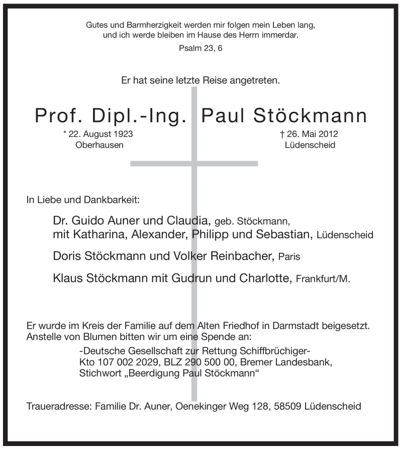  Traueranzeige für Paul Stöckmann vom 06.06.2012 aus WESTFÄLISCHER ANZEIGER