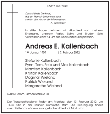 Traueranzeige von Andreas Kallenbach von WESTFÄLISCHER ANZEIGER