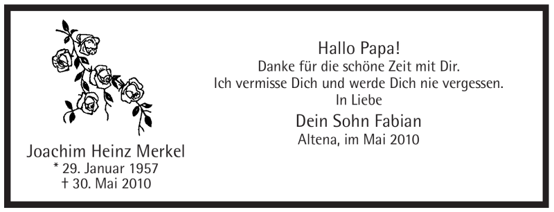  Traueranzeige für Joachim Heinz Merkel vom 05.06.2010 aus WESTFÄLISCHER ANZEIGER