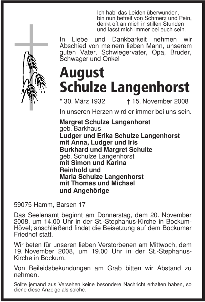  Traueranzeige für August Schulze Langenhorst vom 18.11.2008 aus WESTFÄLISCHER ANZEIGER