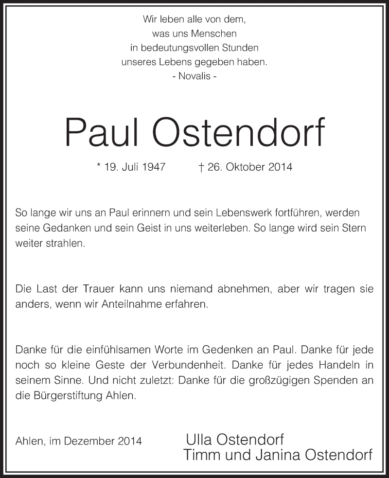  Traueranzeige für Paul Ostendorf vom 19.12.2014 aus MZV