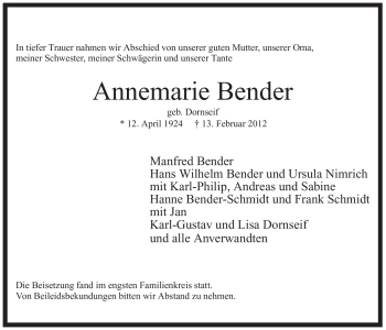Traueranzeige von Annemarie Bender von WESTFÄLISCHER ANZEIGER