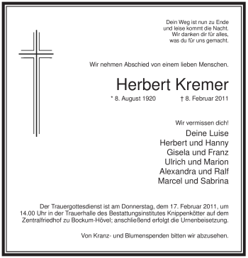 Traueranzeige von Herbert Kremer von WESTFÄLISCHER ANZEIGER