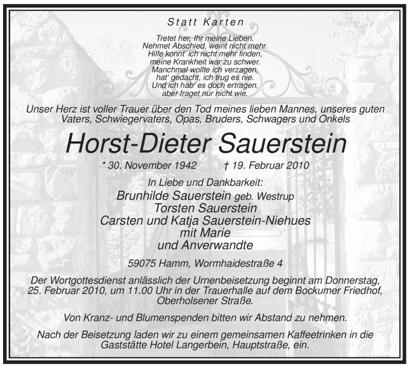  Traueranzeige für Horst-Dieter Sauerstein vom 22.02.2010 aus WESTFÄLISCHER ANZEIGER