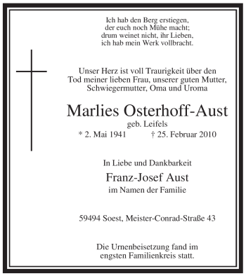 Traueranzeige von Marlies Osterhoff-Aust von WESTFÄLISCHER ANZEIGER