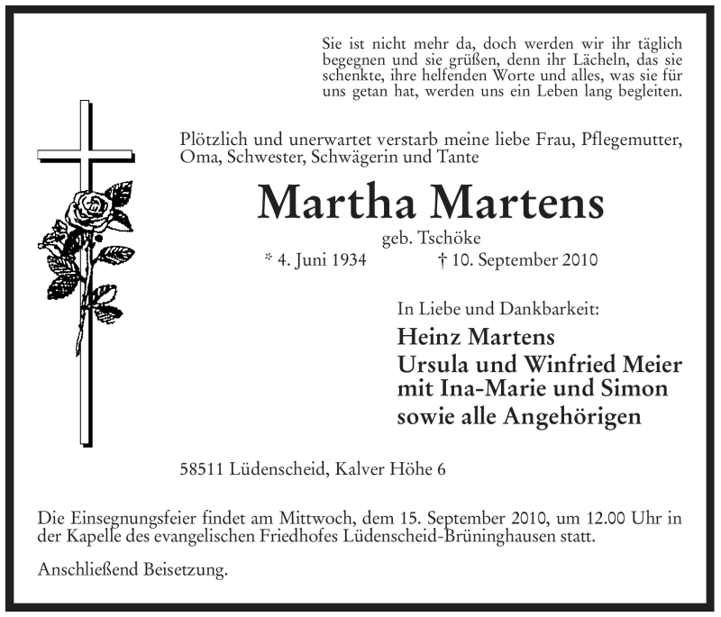  Traueranzeige für Martha Martens vom 13.09.2010 aus WESTFÄLISCHER ANZEIGER