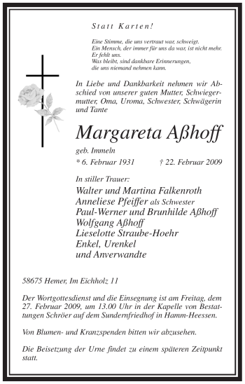 Traueranzeige von Margareta Aßhoff von WESTFÄLISCHER ANZEIGER