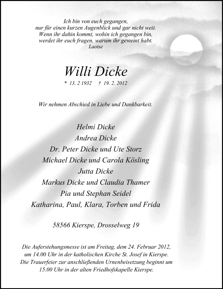  Traueranzeige für Willi Dicke vom 21.02.2012 aus WESTFÄLISCHER ANZEIGER