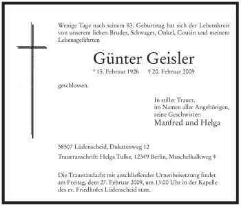 Traueranzeige von Günter Geisler von WESTFÄLISCHER ANZEIGER