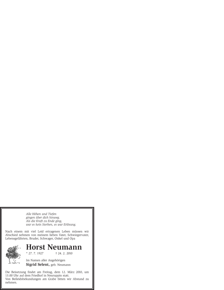  Traueranzeige für Horst Neumann vom 06.03.2010 aus WESTFÄLISCHER ANZEIGER