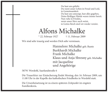 Traueranzeige von Alfons Michalke von WESTFÄLISCHER ANZEIGER