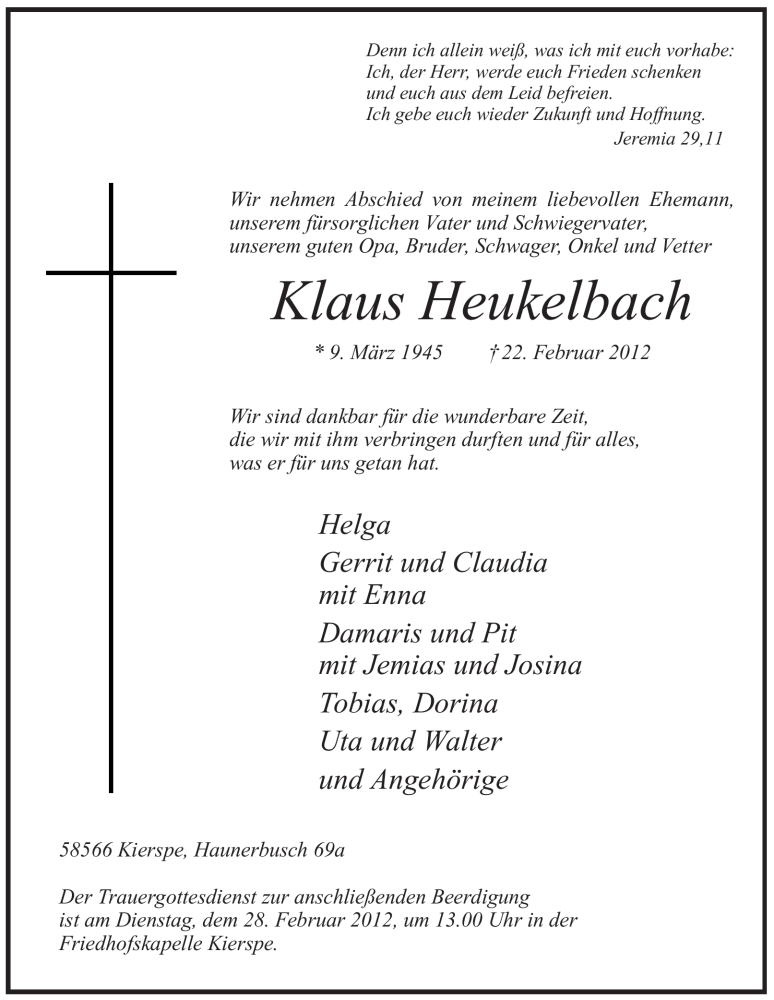  Traueranzeige für Klaus Heukelbach vom 24.02.2012 aus WESTFÄLISCHER ANZEIGER