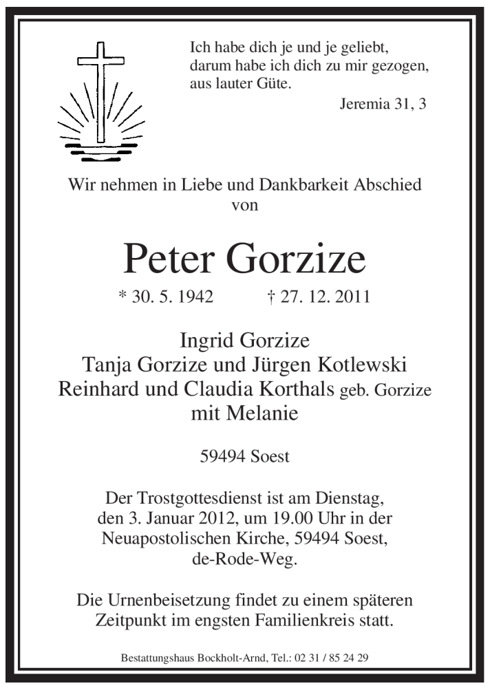  Traueranzeige für Peter Gorzize vom 31.12.2011 aus WESTFÄLISCHER ANZEIGER