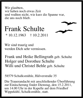 Traueranzeige von Frank Schulte von WESTFÄLISCHER ANZEIGER