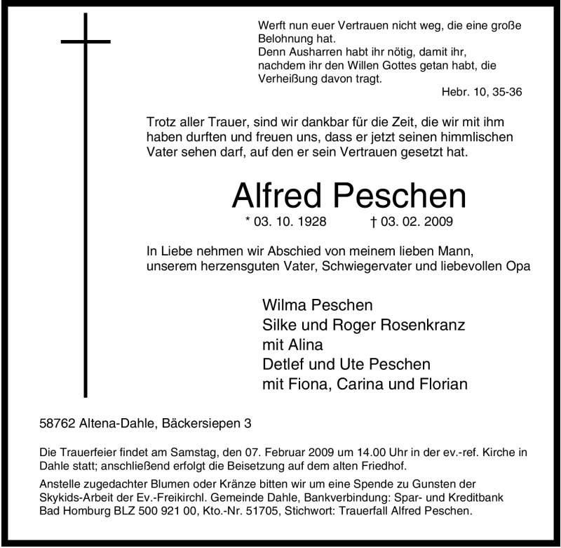  Traueranzeige für Alfred Peschen vom 05.02.2009 aus WESTFÄLISCHER ANZEIGER