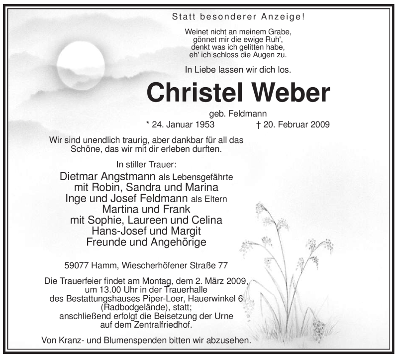  Traueranzeige für Christel Weber vom 27.02.2009 aus WESTFÄLISCHER ANZEIGER