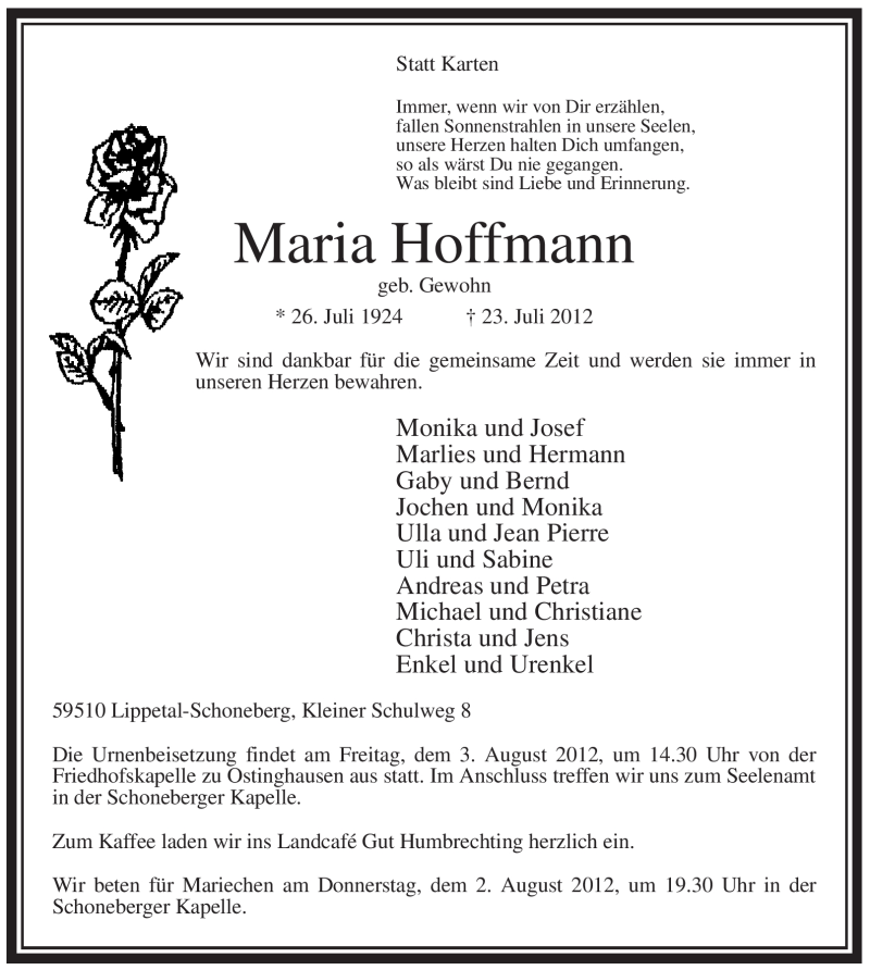  Traueranzeige für Maria Hoffmann vom 31.07.2012 aus WESTFÄLISCHER ANZEIGER
