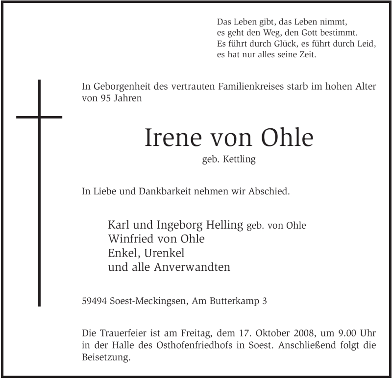  Traueranzeige für Irene von Ohle vom 15.10.2008 aus WESTFÄLISCHER ANZEIGER