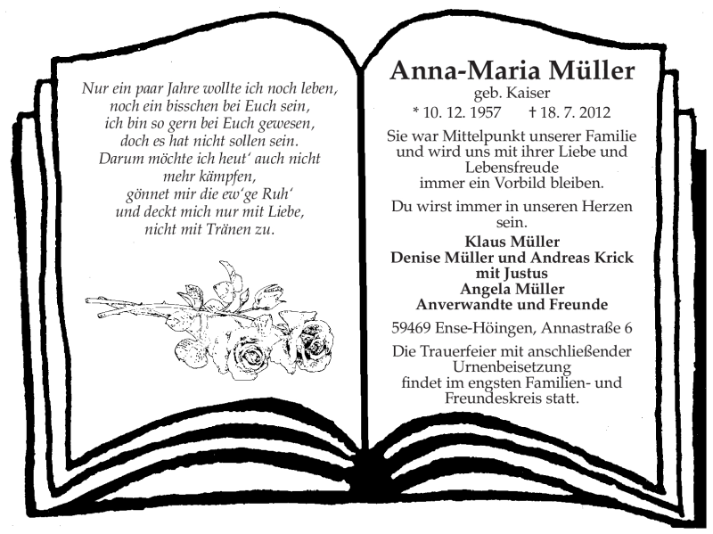  Traueranzeige für Anna-Maria Müller vom 20.07.2012 aus WESTFÄLISCHER ANZEIGER