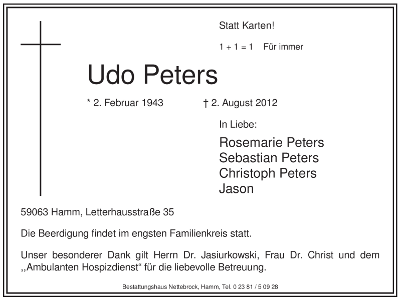  Traueranzeige für Udo Peters vom 06.08.2012 aus WESTFÄLISCHER ANZEIGER