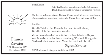 Traueranzeige von Franco Zavater von WESTFÄLISCHER ANZEIGER