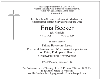 Traueranzeige von Erna Becker von WESTFÄLISCHER ANZEIGER
