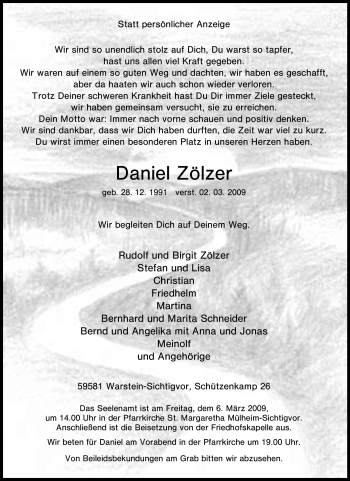 Traueranzeige von Daniel Zölzer von WESTFÄLISCHER ANZEIGER
