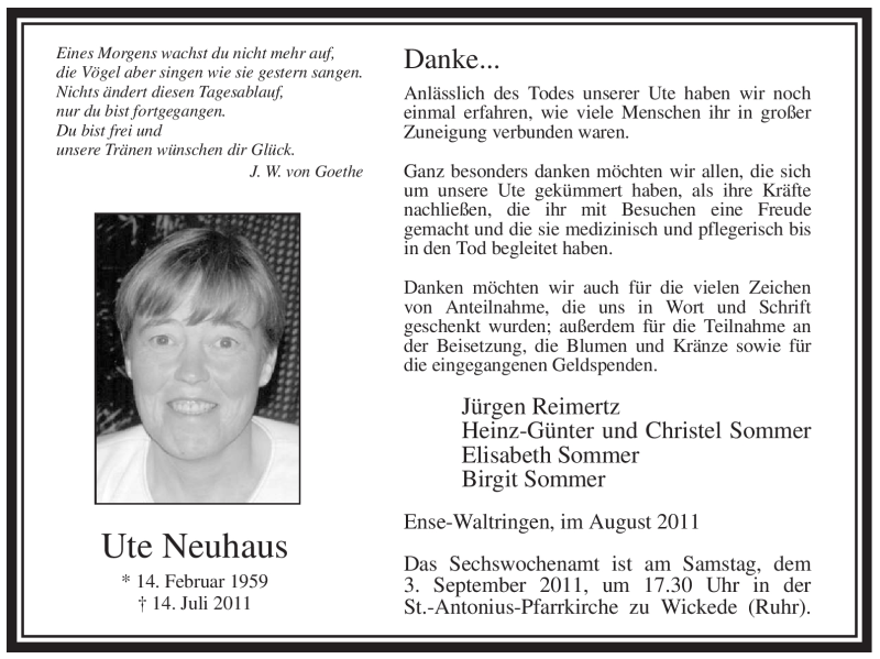  Traueranzeige für Ute Neuhaus vom 27.08.2011 aus WESTFÄLISCHER ANZEIGER