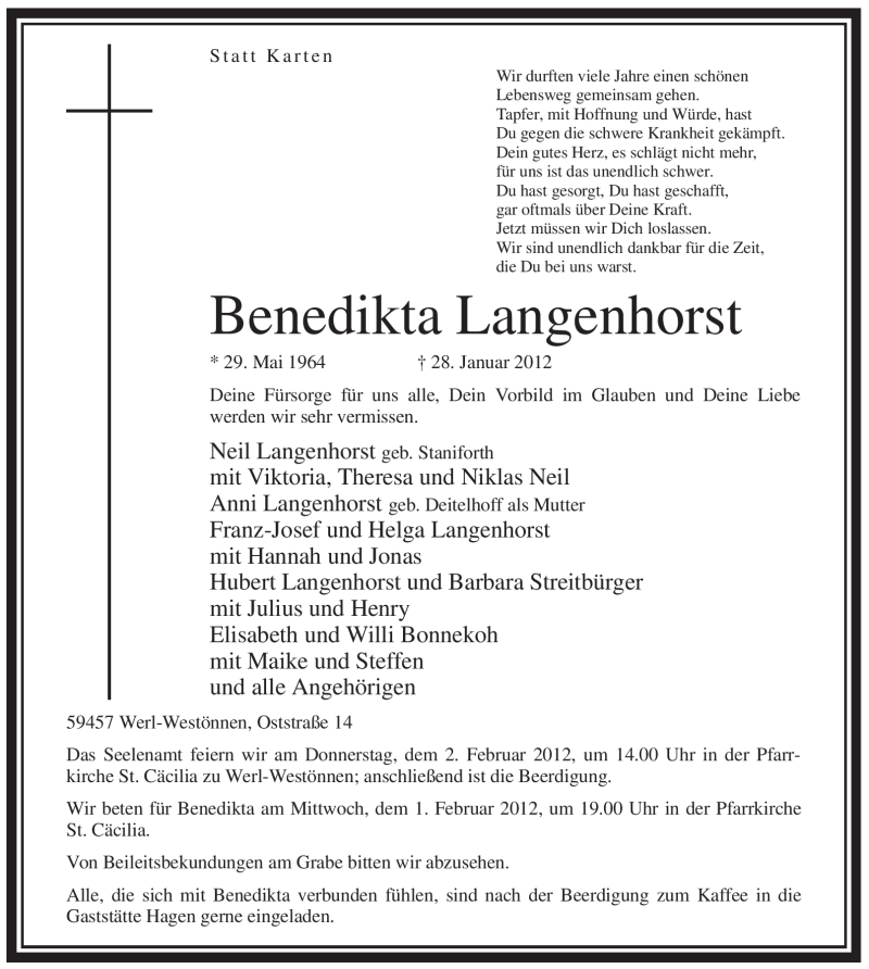  Traueranzeige für Benedikta Langenhorst vom 31.01.2012 aus WESTFÄLISCHER ANZEIGER