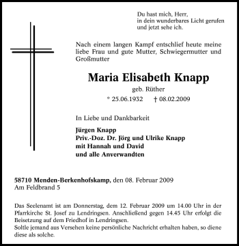 Traueranzeige von Maria Elisabeth Knapp von WESTFÄLISCHER ANZEIGER