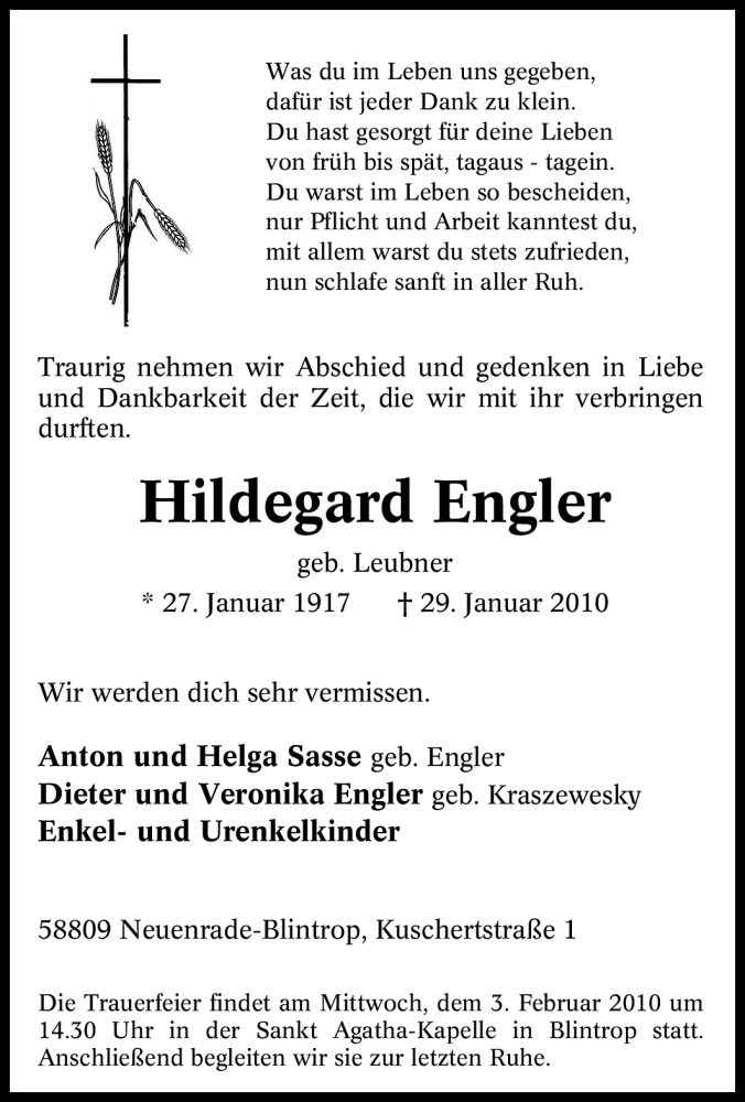  Traueranzeige für Hildegard Engler vom 02.02.2010 aus WESTFÄLISCHER ANZEIGER