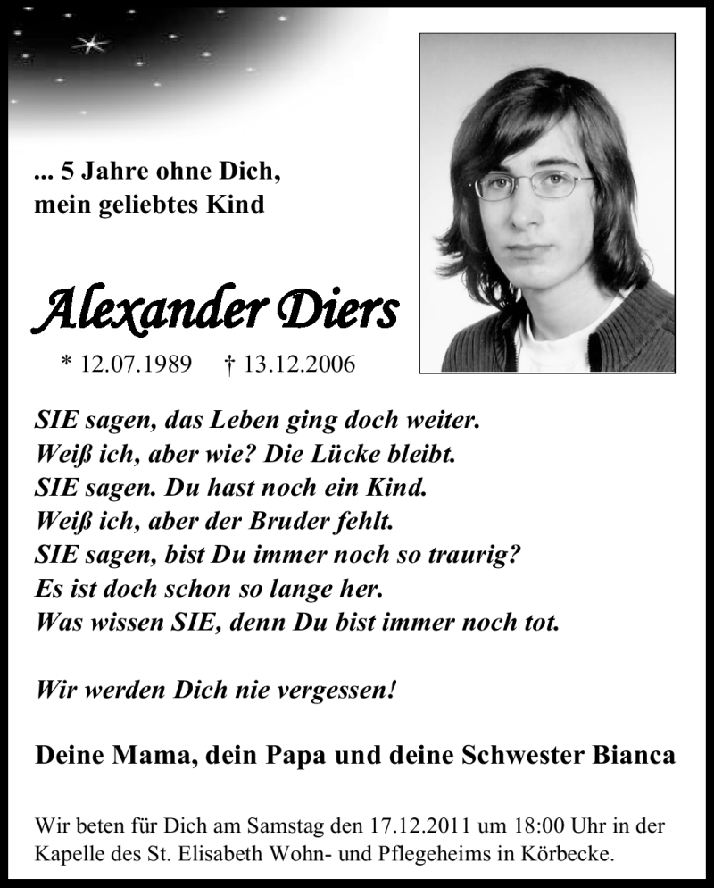 Traueranzeige für Alexander Diers vom 13.12.2011 aus WESTFÄLISCHER ANZEIGER