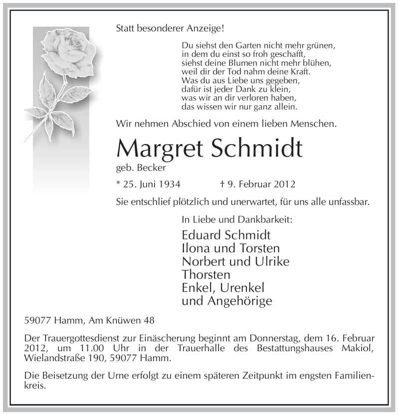  Traueranzeige für Margret Schmidt vom 11.02.2012 aus WESTFÄLISCHER ANZEIGER
