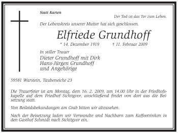 Traueranzeige von Elfriede Grundhoff von WESTFÄLISCHER ANZEIGER