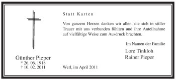 Traueranzeige von Günther Pieper von WESTFÄLISCHER ANZEIGER
