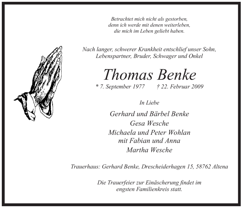  Traueranzeige für Thomas Benke vom 25.02.2009 aus WESTFÄLISCHER ANZEIGER