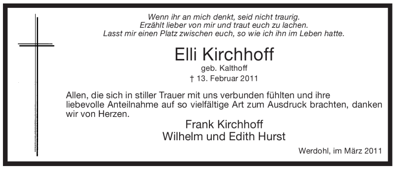  Traueranzeige für Elli Kirchhoff vom 26.03.2011 aus WESTFÄLISCHER ANZEIGER