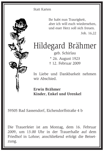 Traueranzeige von Hildegard Brähmer von WESTFÄLISCHER ANZEIGER