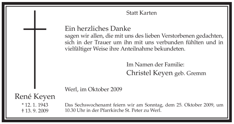  Traueranzeige für René Keyen vom 20.10.2009 aus WESTFÄLISCHER ANZEIGER