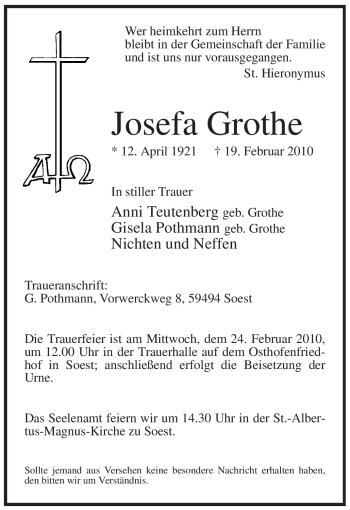 Traueranzeige von Josefa Grothe von WESTFÄLISCHER ANZEIGER
